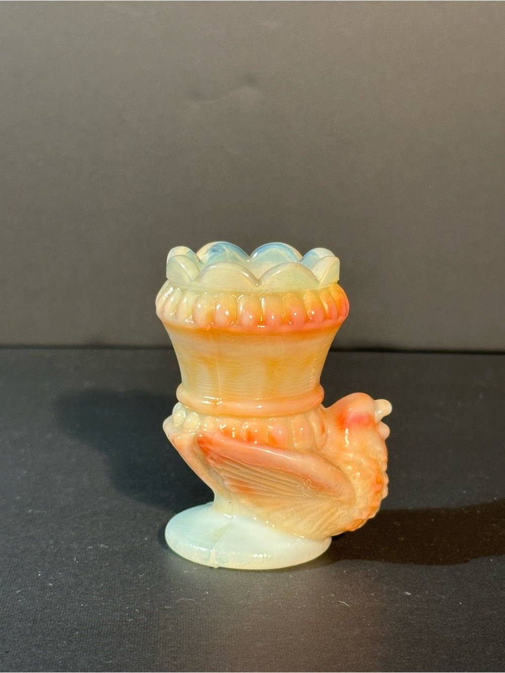 Boyd Glass Pink Peach White Opalescent Slag Bird Chicken Basket Toothpick Holder
